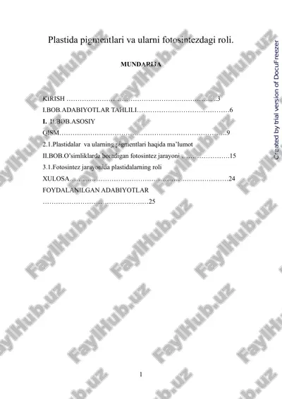 plastida pigmentlari va ularni fotosintezdagi roli — PDF