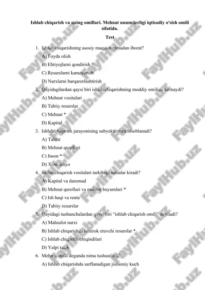 ishlab chiqarish va uning omillari. mehnat unumdorligi iqtisodiy o'sish omili sifatida. — DOCX