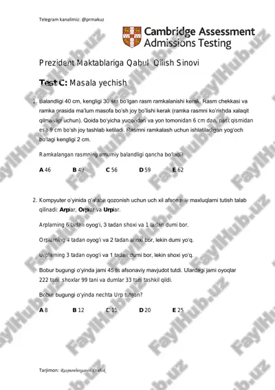 prezident maktablariga qabul qilish sinovi — PDF