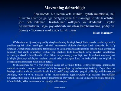 o’zbekistonda yoshlarning ish bilan bandligini oshirishda davlat siyosatining o’rni — PPT