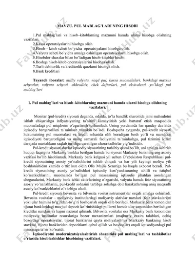 pul mablag’lari va hisob–kitoblarning mazmuni — DOCX