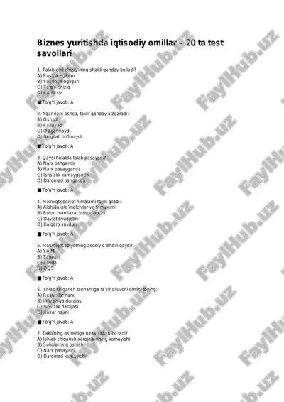 biznes yuritishda iqtisodiy omillar – 20 ta test savollari — PDF