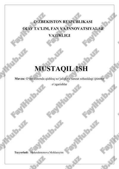 oʻzbekistonda qishloq xoʻjaligi va sanoat sohasidagi ijtimoiy oʻzgarishlar — DOCX