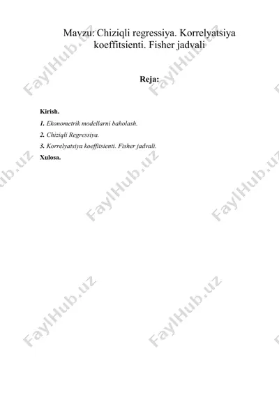 chiziqli regressiya. korrelyatsiya koeffitsienti. fisher jadvali — DOCX