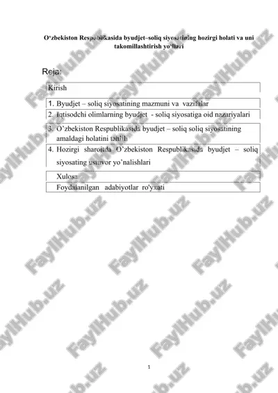 hozirgi sharoitda o’zbekiston respublikasida byudjet – soliq siyosati — DOCX