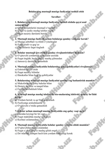 bolalarning mustaqil musiqa faoliyatini tashkil etish — DOCX