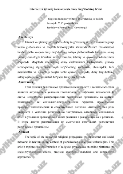 internet va ijtimoiy tarmoqlarda diniy targ‘ibotning ta’siri — DOCX