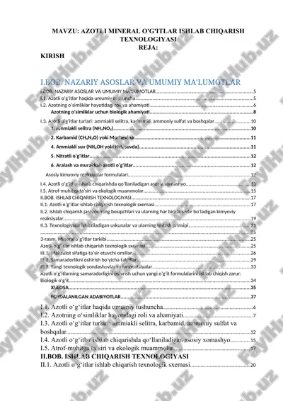 azotli mineral o'g'itlar ishlab chiqarish texnologiyasi — DOCX