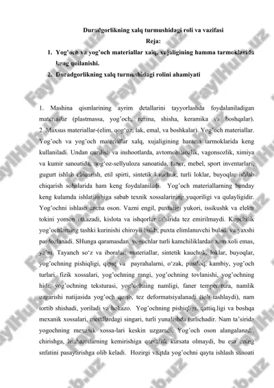 duradgorlikning xalq turmushidagi roli va vazifasi — DOC