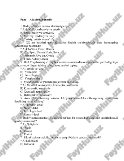 adabiyotshunoslikdan 400 ta test javobi bilan — DOCX