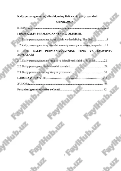kaliy permanganatning olinishi, uning fizik va kimyoviy xossalari kurs ishi — DOCX