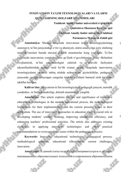 innovatsion ta’lim texnologiyalari va ularni qo‘llashning dolzarb muammolari — DOCX