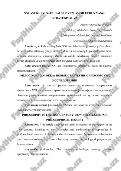 xxi asrda falsafa: falsafiy izlanish uchun yangi strategiyalar — DOCX