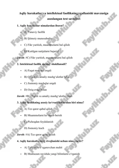 aqliy harakatlar va intellektual faollikning egallanishi mavzusiga asoslangan test savollari — DOCX