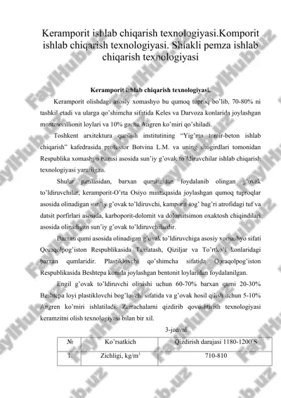keramporit ishlab chiqarish texnologiyasi — DOCX