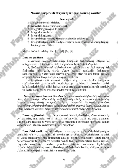kompleks funksiyaning integrali va uning xossalari — DOC