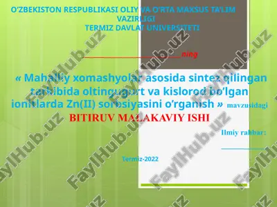 mahalliy xomashyolar asosida sintez qilingan tarkibida oltingugurt va kislorod bo’lgan ionitlarda zn(ii) sorbsiyasini o’rganish — PPTX