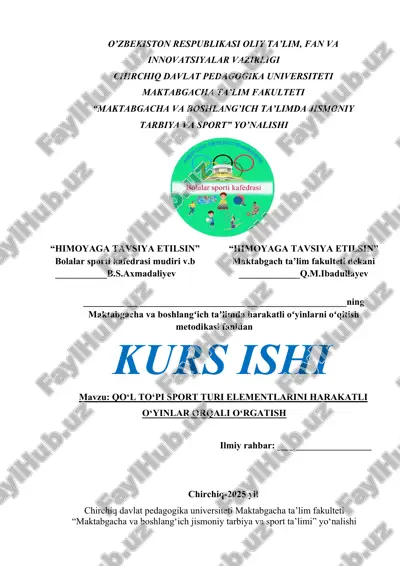 qo‘l to‘pi sport turi elementlarini harakatli o‘yinlar orqali o‘rgatish — DOCX
