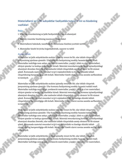 materiallarni xo‘jalik subyektlar faoliyatida tutgan o‘rni va hisobning vazifalari — DOCX