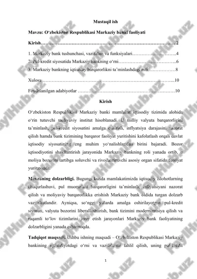 o‘zbekiston respublikasi markaziy banki faoliyati — DOCX