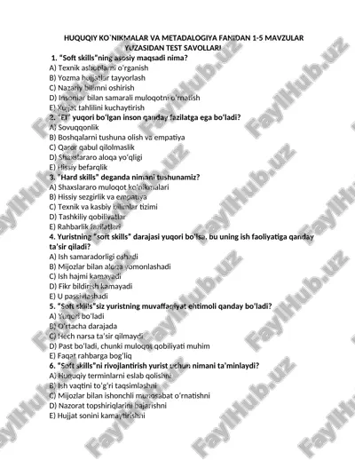 huquqiy ko`nikmalar va metadalogiya fanidan 1-5 mavzular yuzasidan test savollari — DOCX