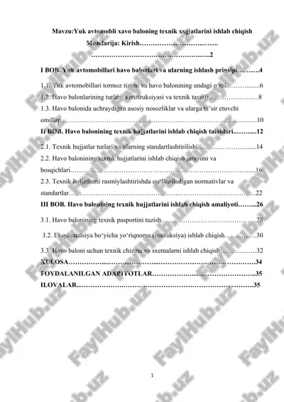 yuk avtomobli xavo baloning texnik xujjatlarini ishlab chiqish — DOCX