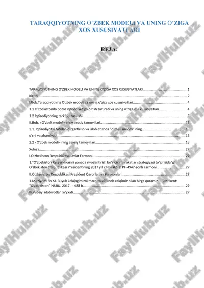taraqqiyotning oʻzbek modeli va uning oʻziga xos xususiyatlari — DOCX