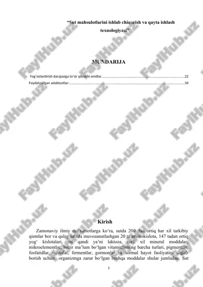 sut mahsulotlarini ishlab chiqarish va qayta ishlash texnologiyasi — DOCX