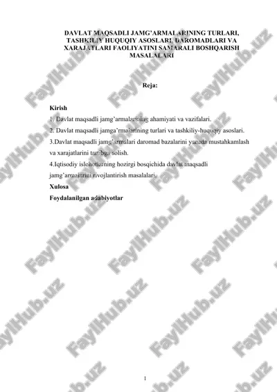 davlat maqsadli jamg’armalarining turlari, tashkiliy huquqiy asoslari, daromadlari va xarajatlari faoliyatini samarali boshqarish masalalari — DOCX