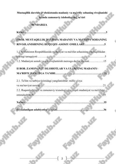 mustaqillik davrida o‘zbekistonda madaniy va ma’rifiy sohaning rivojlanishi hamda zamonaviy islohotlarning ta’siri — DOCX