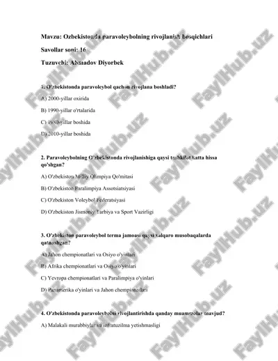 o'zbekistonda paravoleybolning rivojlanish bosqichlari — DOCX