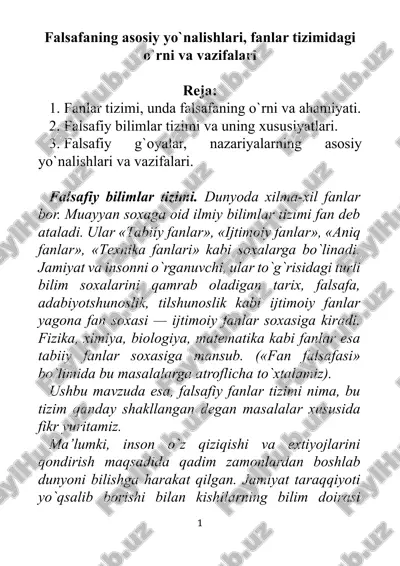 falsafaning asosiy yo`nalishlari, fanlar tizimidagi o`rni va vazifalari — DOCX