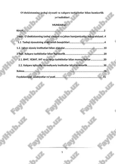 oʻzbekistonning tashqi siyosati va xalqaro tashkilotlar bilan hamkorlik yoʻnalishlari — DOCX
