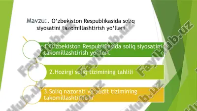 o'zbekiston respublikasida soliq siyosatini takomillashtirish yo'llari — PPTX