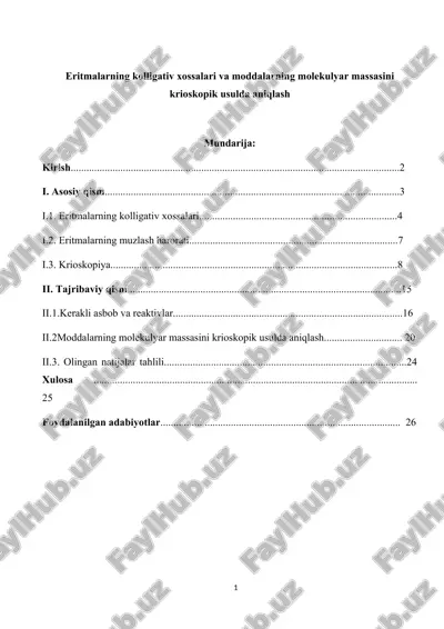 eritmalarning kolligativ xossalari va moddalarning molekulyar massasini krioskopik usulda aniqlash — DOCX