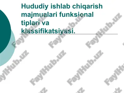 hududiy ishlab chiqarish majmualari funksional tiplari va klassifikatsiyasi. — PPTX