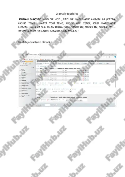 and or not , bazi bir matematik ammallar (katta, kichik, teng , katta yoki teng, kichik yoki teng,) kabi matematik ammalllarni va shu bilan birgalikda group by, order by, group by……having operatorlarini amalda qullay olish — DOCX