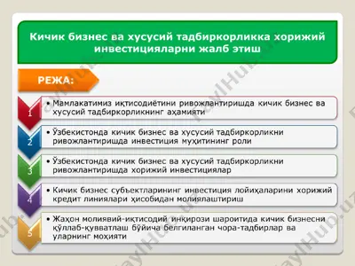 кичик бизнес ва хусусий тадбиркорликка хорижий инвестицияларни жалб этиш — PPT