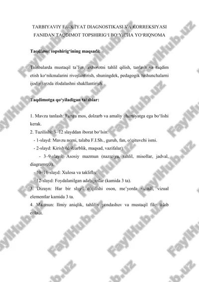 tarbiyaviy faoliyat diagnostikasi va korreksiyasi fanidan taqdimot topshirig‘i bo‘yicha yo‘riqnoma — DOC