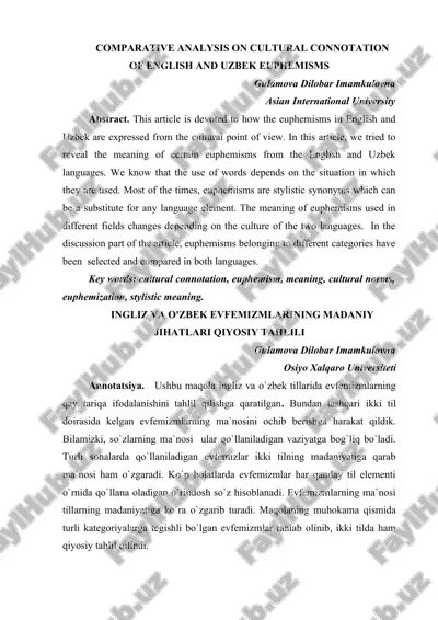 ingliz va o'zbek evfemizmlarining madaniy jihatlari qiyosiy tahlili — DOCX