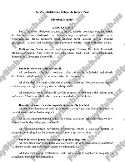 sun'iy intellektning tibbiyotda tutgan o'rni — DOCX
