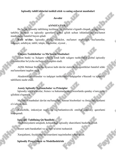 iqtisodiy tahlil ishlarini tashkil etish va uning axborat manbalari — DOCX