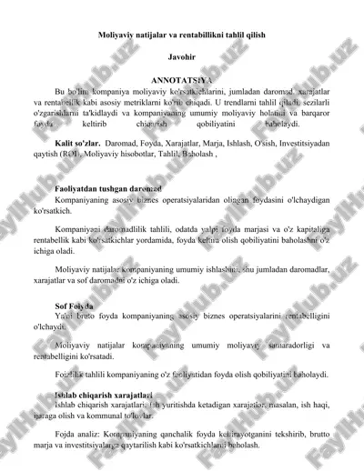 moliyaviy natijalar va rentabillikni tahlil qilish — DOCX