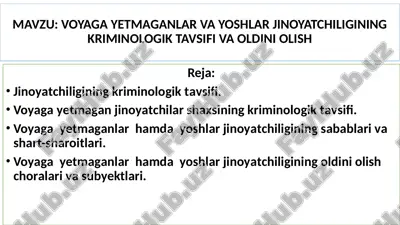 voyaga yetmaganlar va yoshlar jinoyatchiligining kriminologik tavsifi va oldini olish — PPTX
