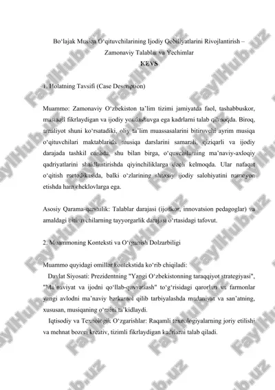 bo‘lajak musiqa o‘qituvchilarining ijodiy qobiliyatlarini rivojlantirish – zamonaviy talablar va yechimlar — DOCX