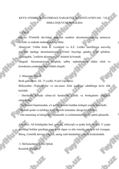 o'smirlik davridagi gipertim xarakter aksentuatsiyasi - "ali" ismli o'quvchi misolida — DOCX