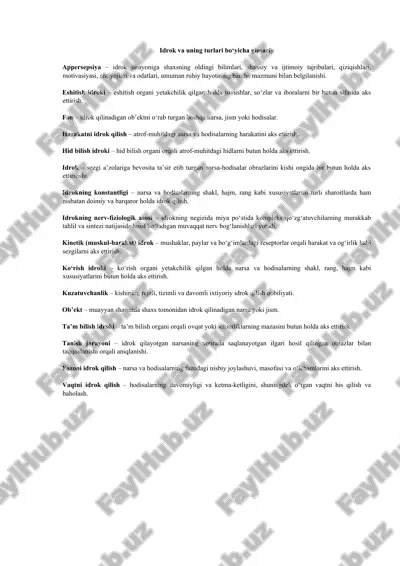 idrok va uning turlari bo‘yicha glosariy — DOCX