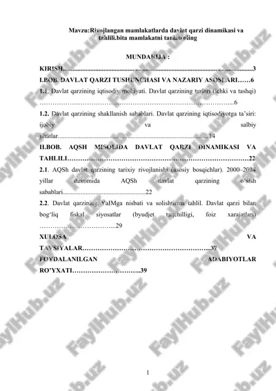 rivojlangan mamlakatlarda davlat qarzi dinamikasi va tahlili — DOCX