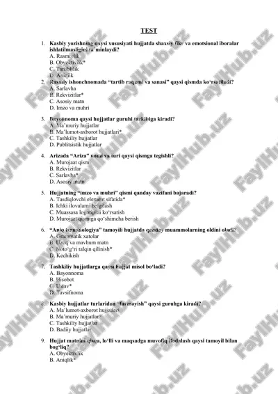 kasbiy yozish test savollari — DOC