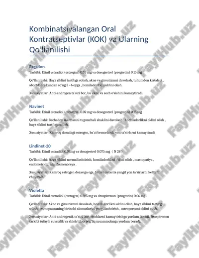 kombinatsiyalangan oral kontratseptivlar (kok) va ularning qo'llanilishi — DOCX